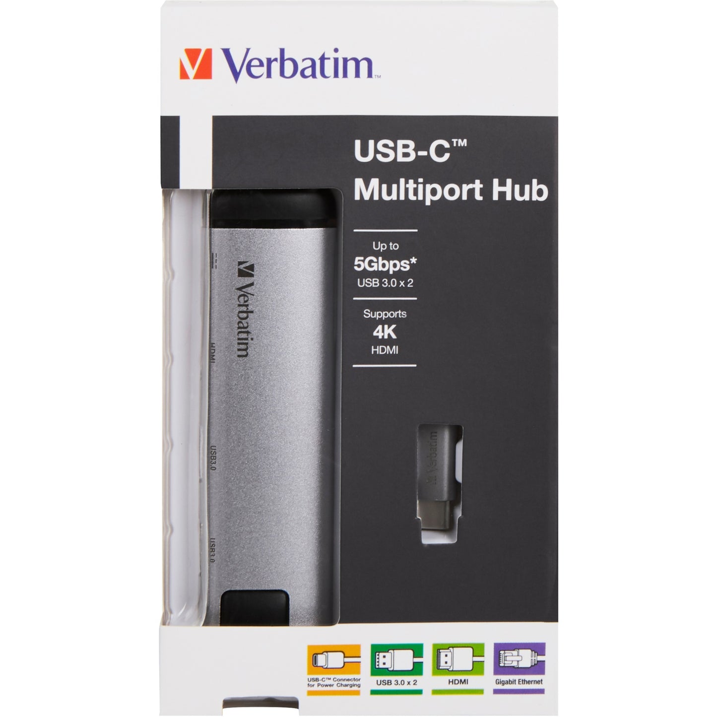 Verbatim USB 3.2 Gen 1 Multiport-Hub, USB-C Stecker > 2x USB-A + USB-C Buchse + HDMI-Buchse + RJ-45 Buchse (silber/schwarz, PD, Laden mit bis zu 100 Watt)