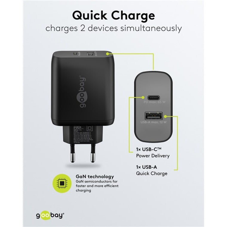 Goobay USB-C Dual-Schnellladegerät, PD, GaN, 65 Watt (schwarz, 1x USB-C, 1x USB-A, Power Delivery)