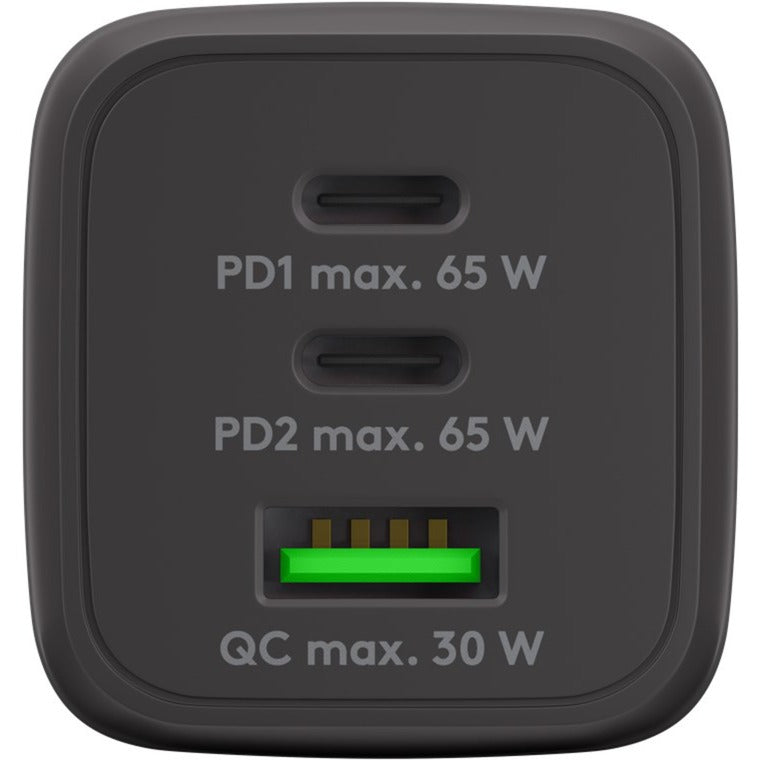 Goobay USB-C Schnellladegerät Nano, PD, GaN, 65 Watt, USB-C Textilkabel (schwarz, 1x USB-A, 2x USB-C PD, Quick Charge 3.0, 1 Meter Kabel)