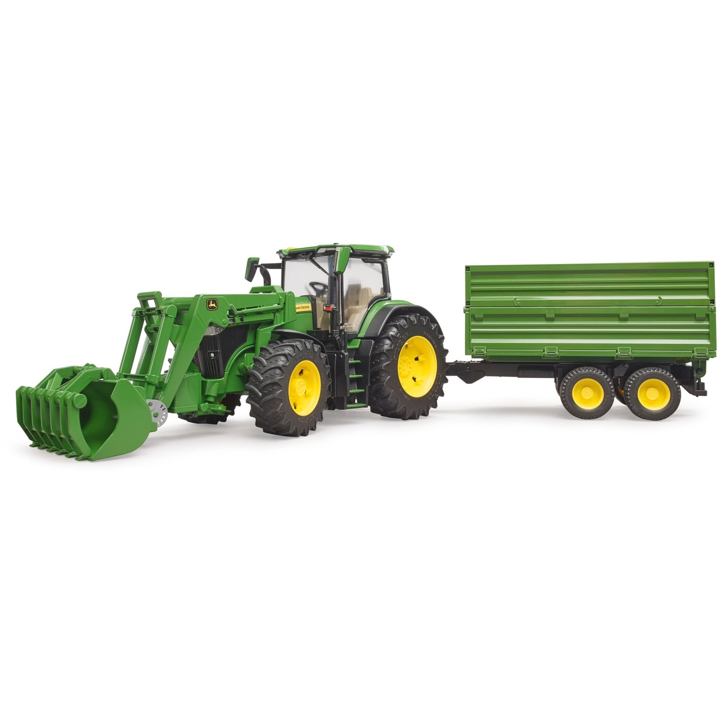 BRUDER John Deere 7R 350 mit Frontlader und Tandemachstransportanhänger (grün)