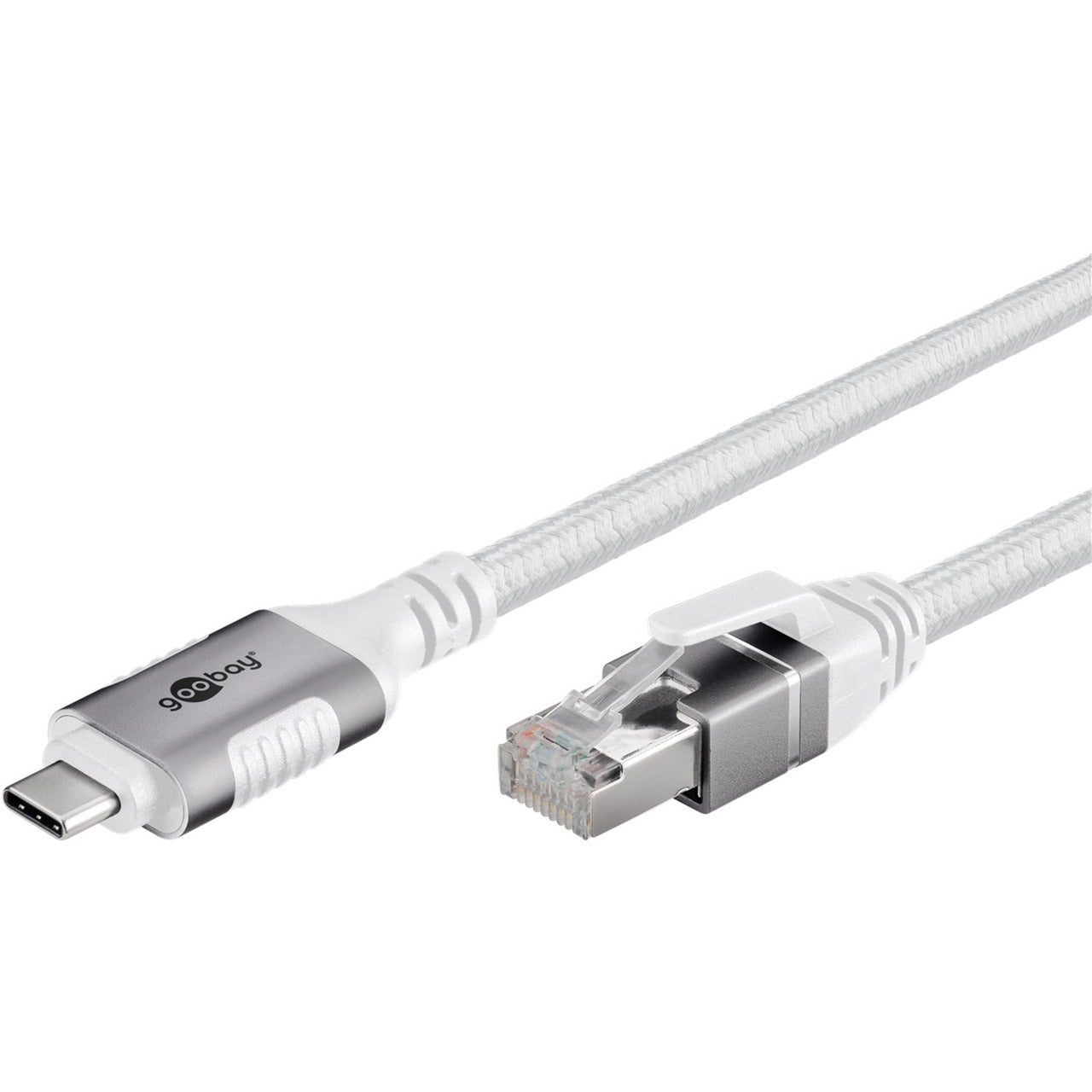 Goobay Ethernet-Kabel USB-C 3.2 Gen2 Stecker > RJ-45 Stecker (weiss, 1 Meter, geflochtener Textilmantel)