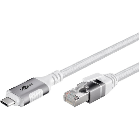 Goobay Ethernet-Kabel USB-C 3.2 Gen2 Stecker > RJ-45 Stecker (weiss, 1 Meter, geflochtener Textilmantel)