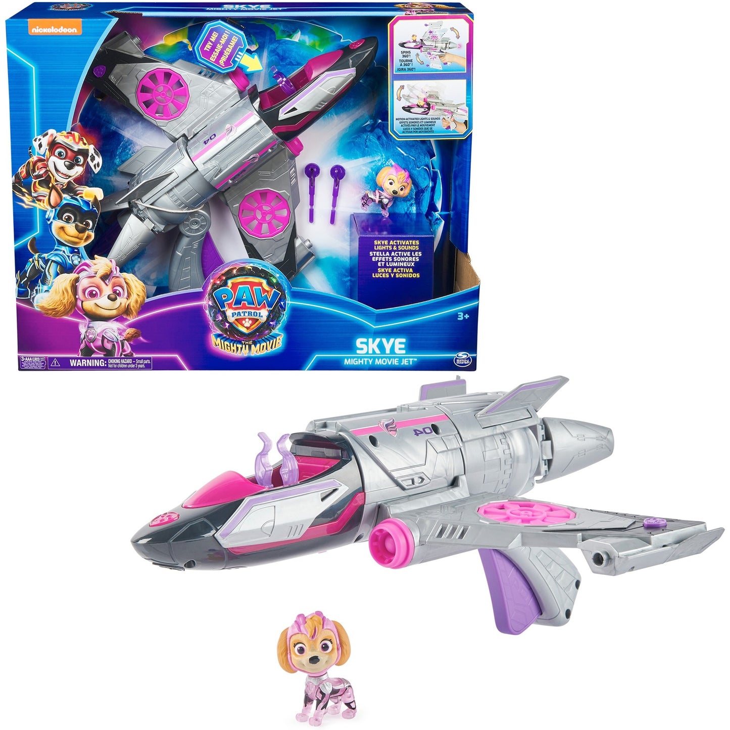 Spinmaster Paw Patrol: Der Mighty Kinofilm, Skyes Deluxe Superhelden-Jet inkl. Skye Figur (silber/rosa)