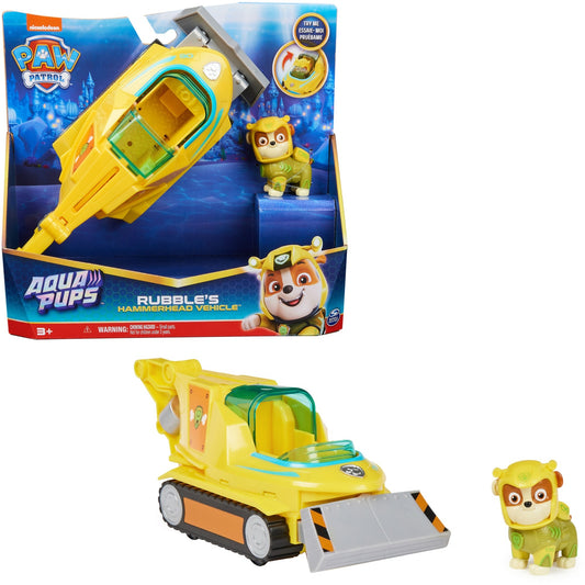 Spin Master Paw Patrol Aqua Pups - Basis Fahrzeug im Hammerhai-Design mit Rubble-Welpenfigur, Spielfahrzeug