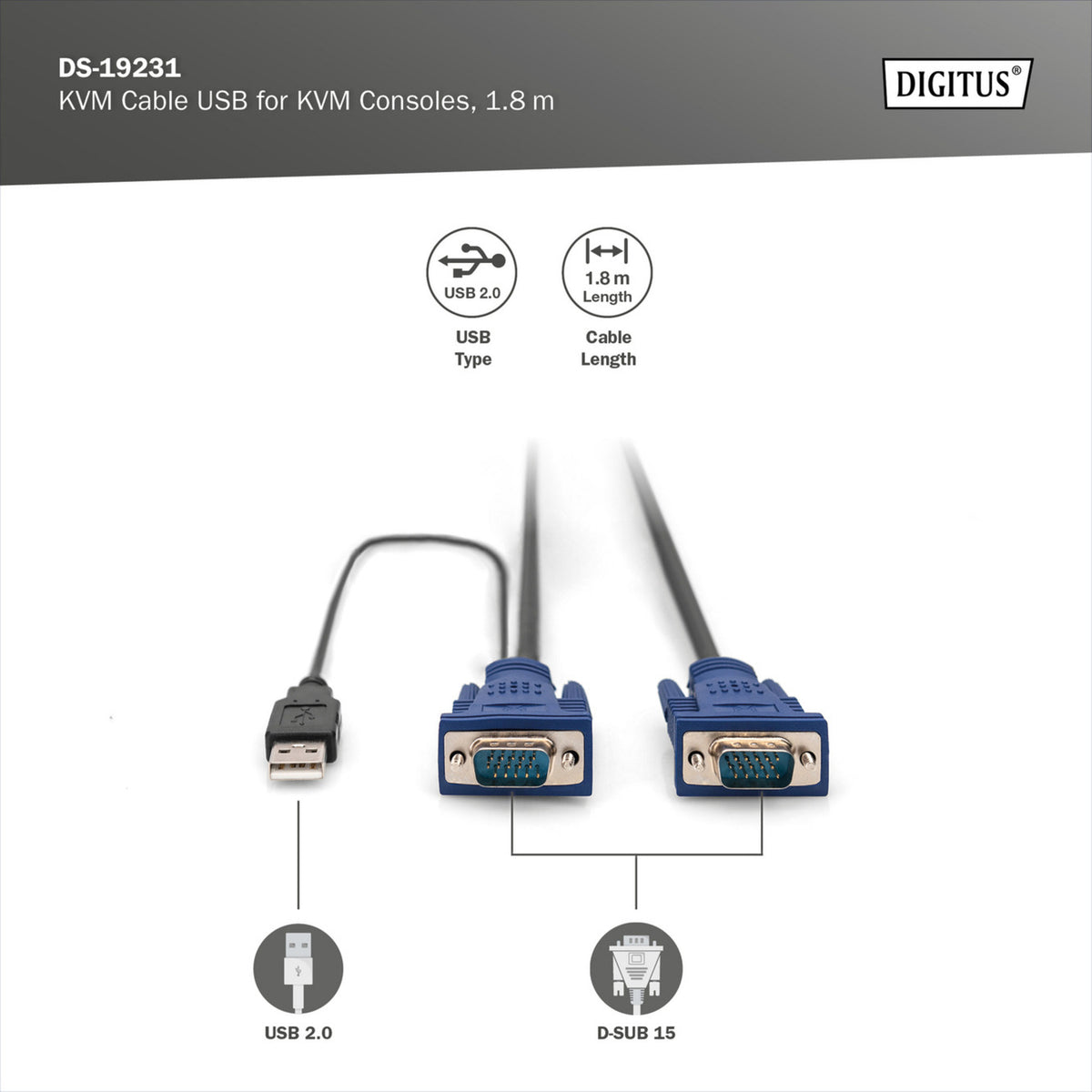 KVM-Kabelsatz USB DS-19231, für KVM-Konsolen, Y-Kabel