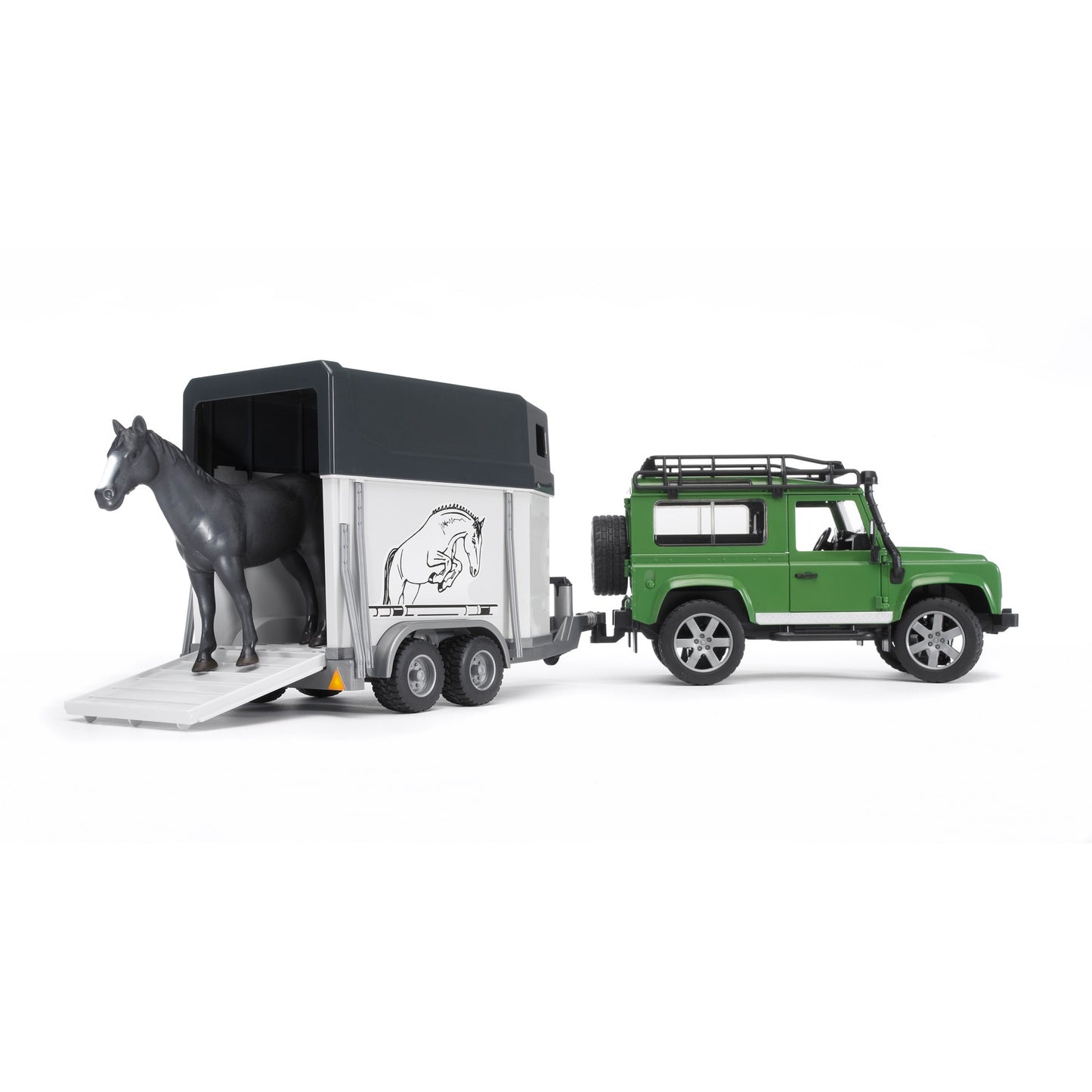 BRUDER Land Rover Defender mit Pferdeanhänger (mit einem Pferd)