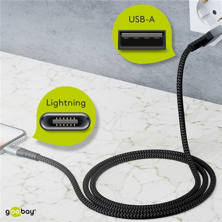 Goobay USB 2.0 Adapterkabel, USB-A Stecker > Lightning Stecker (grau/silber, 1 Meter, gesleevt, Metallstecker)