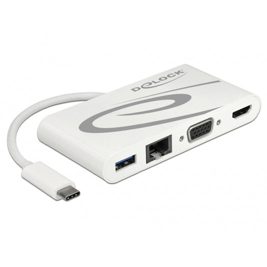 DeLOCK USB Adapter, USB-C Stecker > USB-A + USB-C + HDMI + VGA + RJ-45 Buchse (weiss, 14cm, PD, Laden mit bis zu 100 Watt, Gigabit LAN)