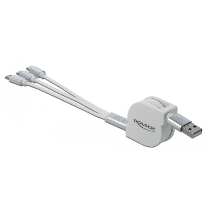 DeLOCK USB Aufrollladekabel, USB-A > Micro-USB + USB-C + Lightning (weiss/silber, ca. 1 Meter, nur Ladefunktion)