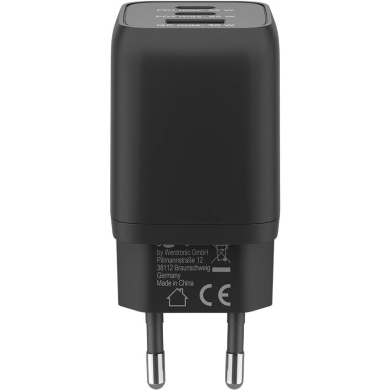 Goobay USB-C Schnellladegerät Nano, PD, GaN, 65 Watt, USB-C Textilkabel (schwarz, 1x USB-A, 2x USB-C PD, Quick Charge 3.0, 1 Meter Kabel)