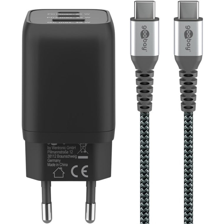 Goobay USB-C Schnellladegerät Nano, PD, GaN, 65 Watt, USB-C Textilkabel (schwarz, 1x USB-A, 2x USB-C PD, Quick Charge 3.0, 1 Meter Kabel)