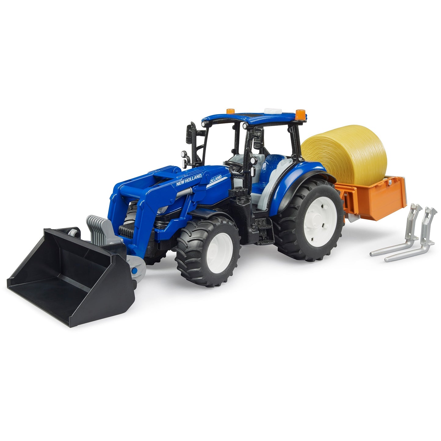 BRUDER New Holland T5.120 mit Frontlader, Ladekasten, Gabeln und Rundballen, Modellfahrzeug