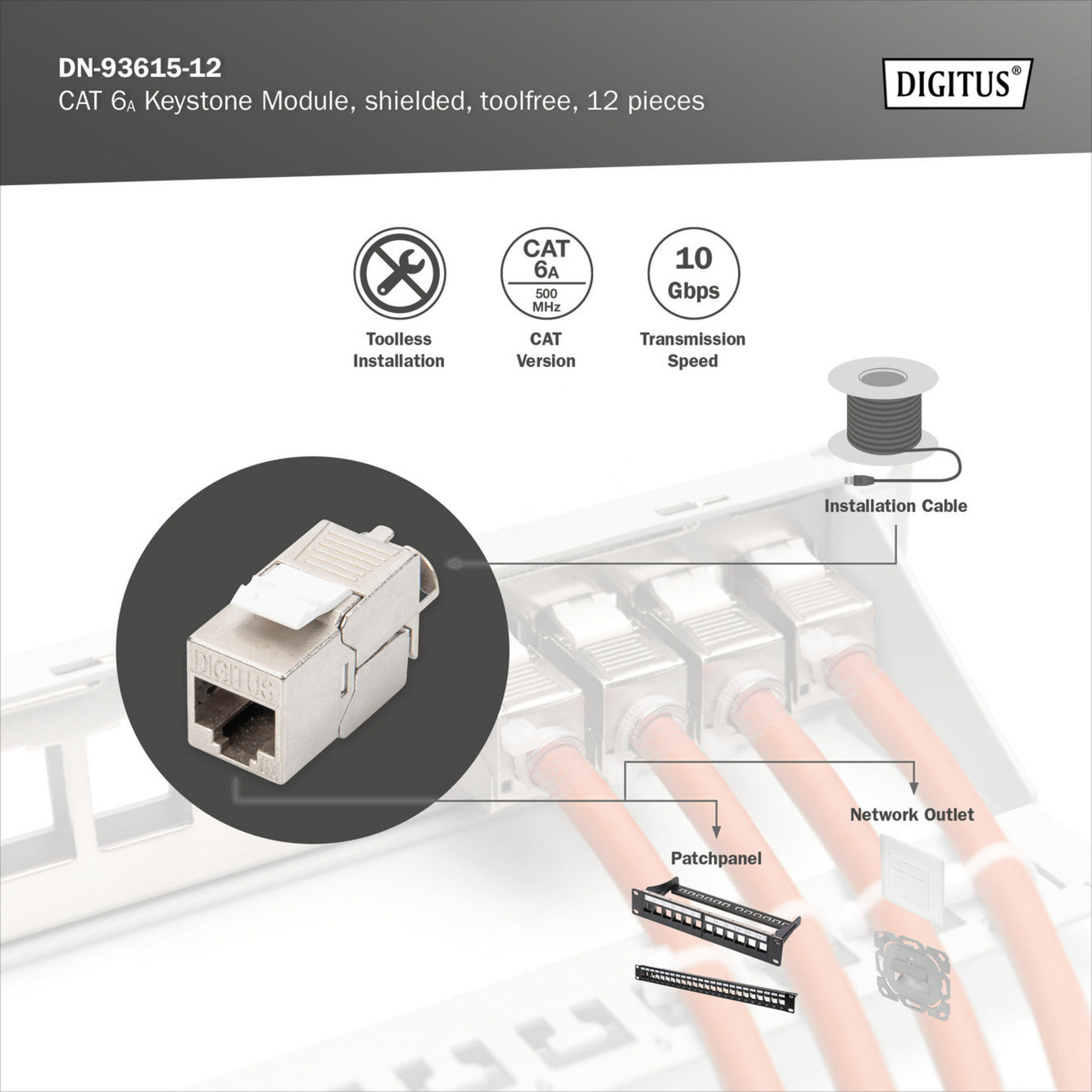 CAT 6A Keystone Modul geschirmt werkzeugfrei 12 Stk., Keystone-Modul