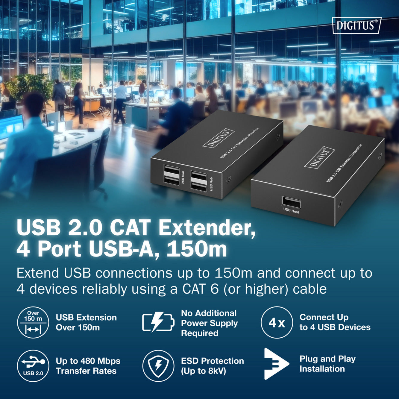 USB 2.0 CAT Extender-Set, 480 Mbps, 150 Meter, USB-Extender
