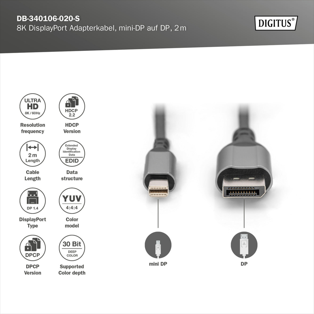 8K DisplayPort Adapterkabel, mini DisplayPort > DisplayPort