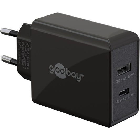 Goobay USB-C PD Dual-Schnellladegerät 30 Watt (schwarz, 1x USB-A, 1x USB-C PD)