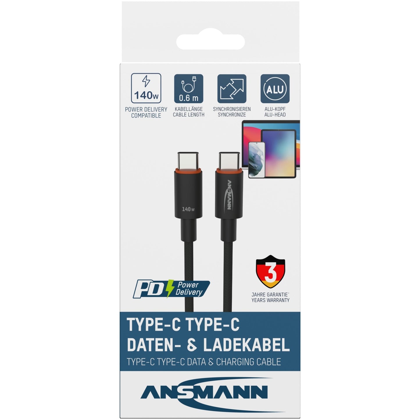 Ansmann USB 2.0 Kabel, USB-C Stecker > USB-C Stecker (anthrazit, 60cm, PD 3.1, Laden mit bis zu 140 Watt, gesleevt)