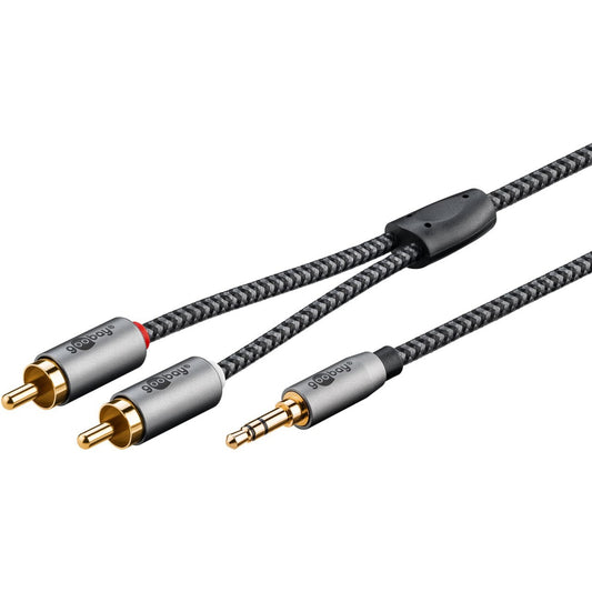 Goobay Plus Audio Adapterkabel AUX 3,5mm Klinke > Stereo-Cinch Stecker (schwarz/silber, 0,5 Meter)