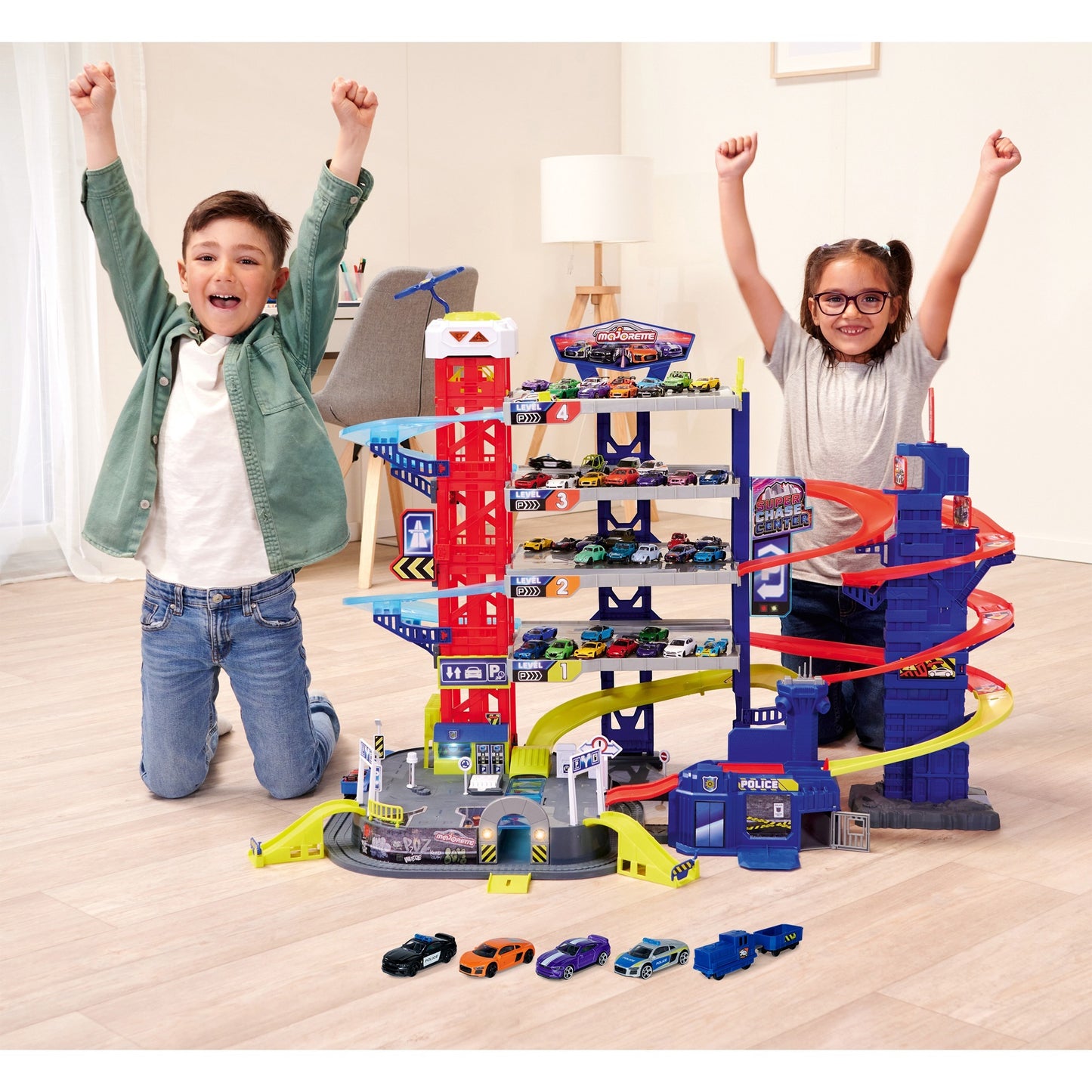 Majorette Super Chase Center mit 5 Fahrzeugen, Spielgebäude