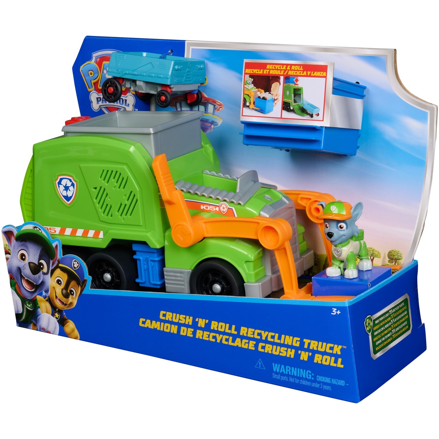 Paw Patrol - Extragrosser Recycling-Truck mit Rocky Spielfigur und Verwandlungsfunktion, Spielfahrzeug
