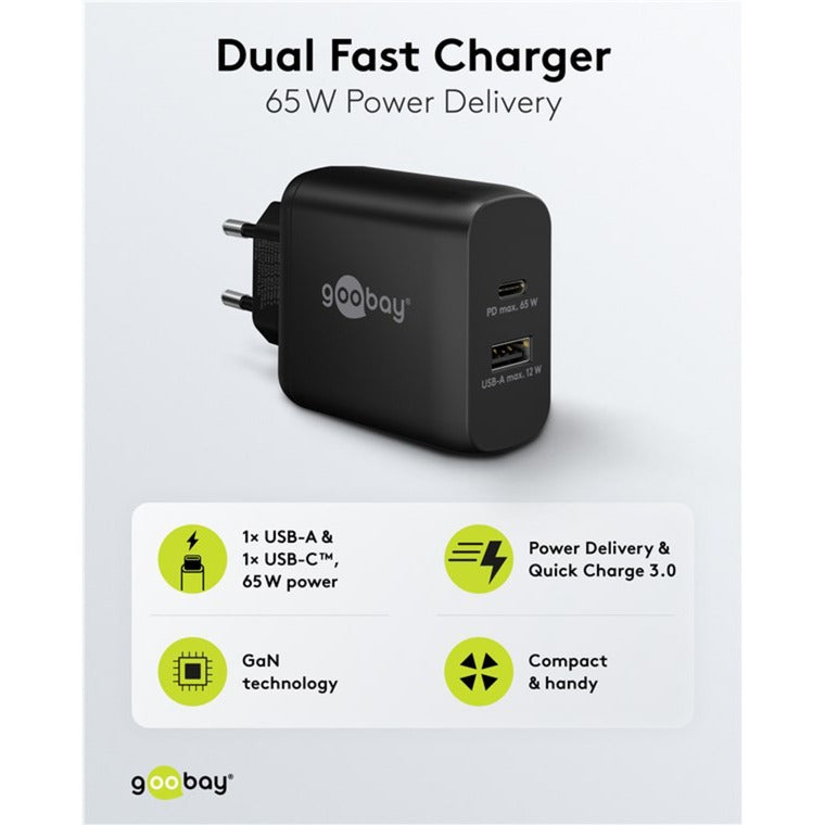 Goobay USB-C Dual-Schnellladegerät, PD, GaN, 65 Watt (schwarz, 1x USB-C, 1x USB-A, Power Delivery)