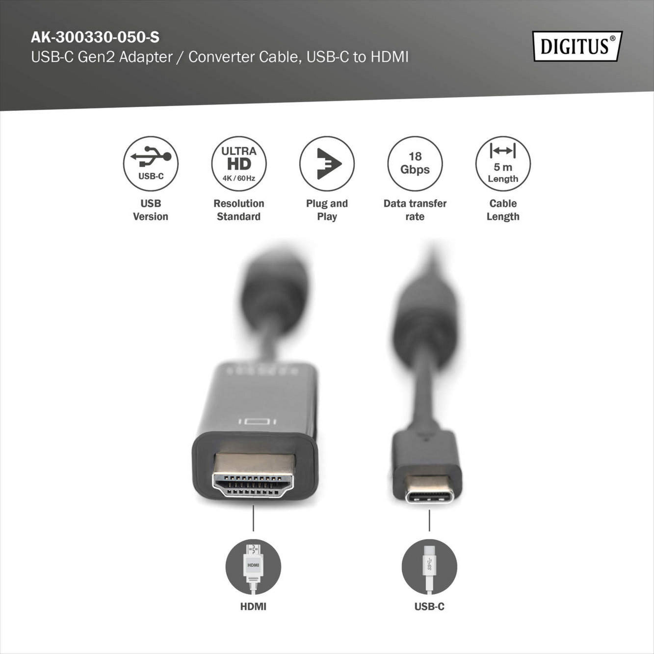 USB-C Adapterkabel USB-C > HDMI A, 4K @ 60HZ