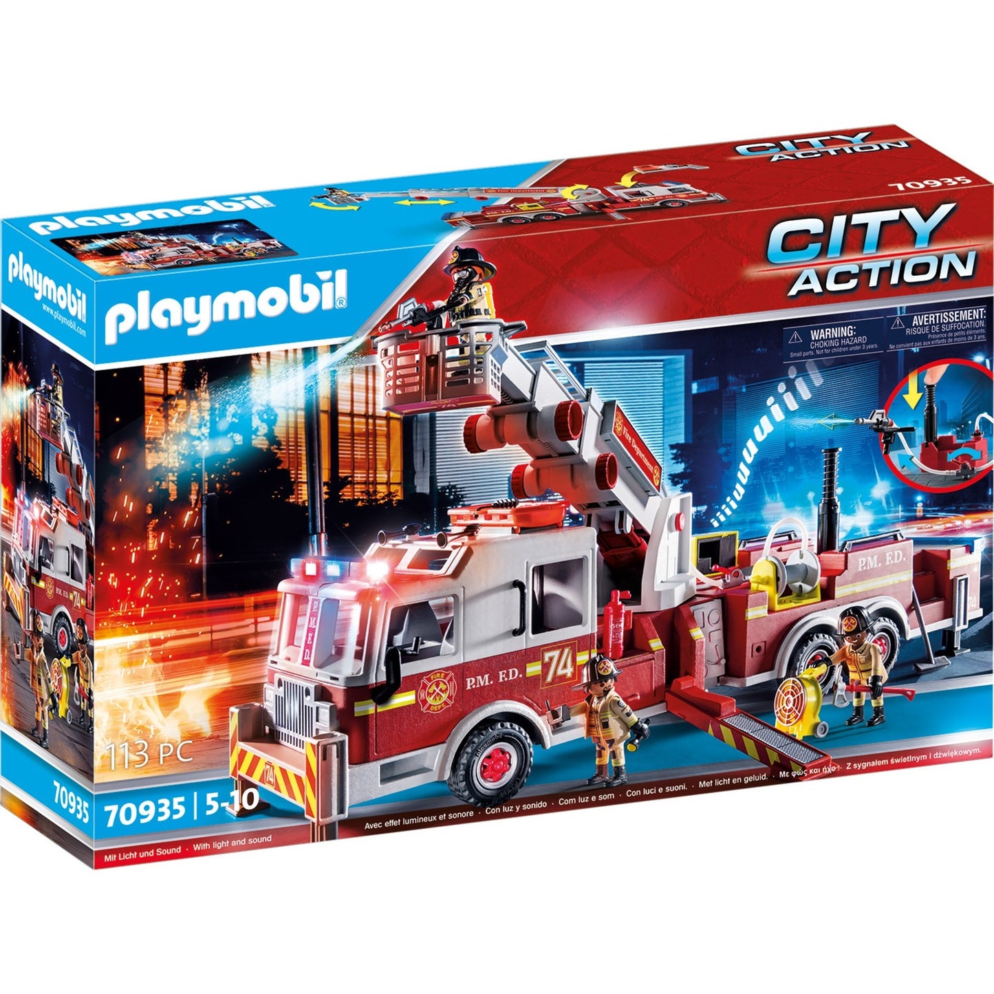 Playmobil 70935 City Action Feuerwehr-Fahrzeug: US Tower Ladder (mehrfarbig, Mit Licht, Sound und funktionierender Wasserkanone)