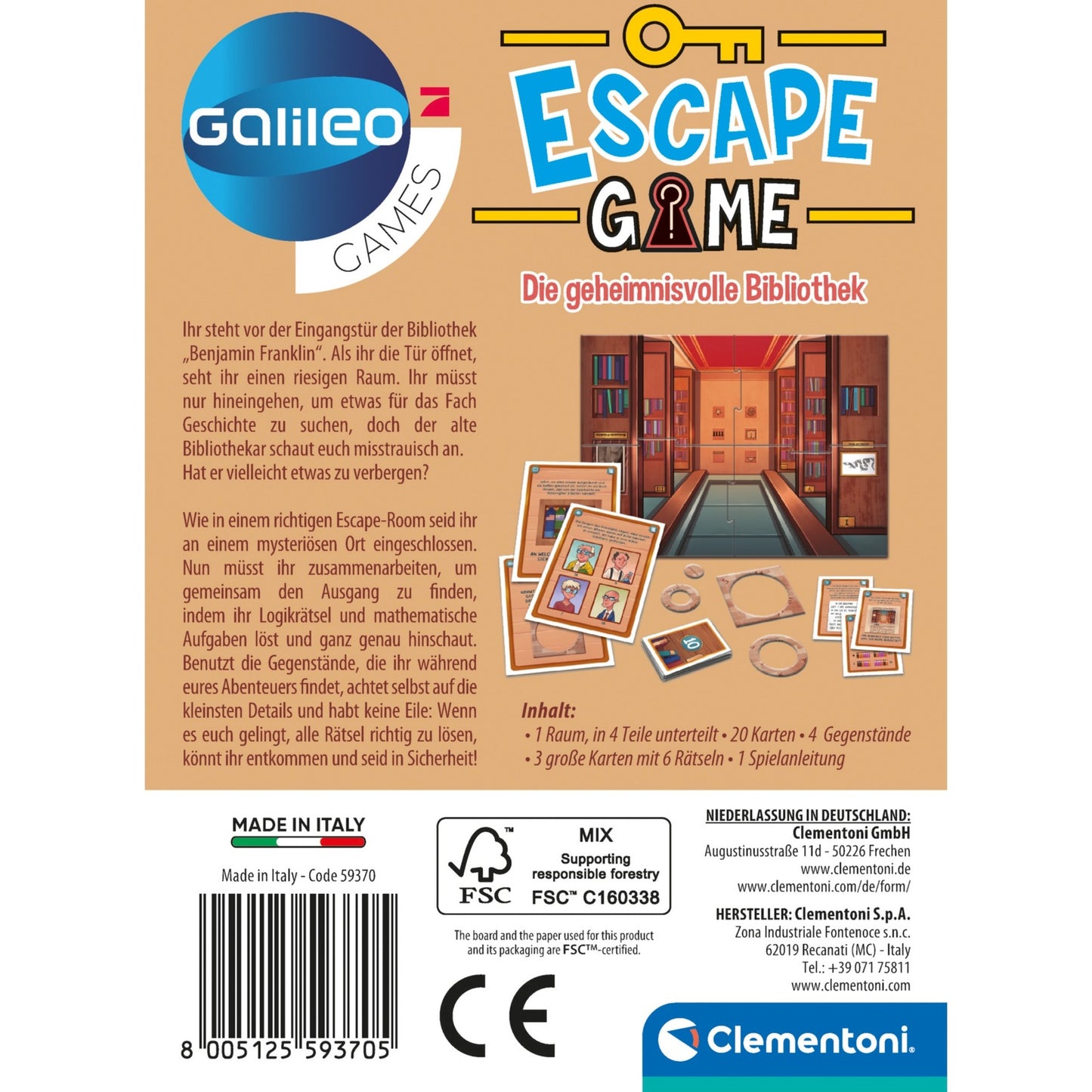 Clementoni Escape Game - Die geheimnisvolle Bibliothek, Partyspiel