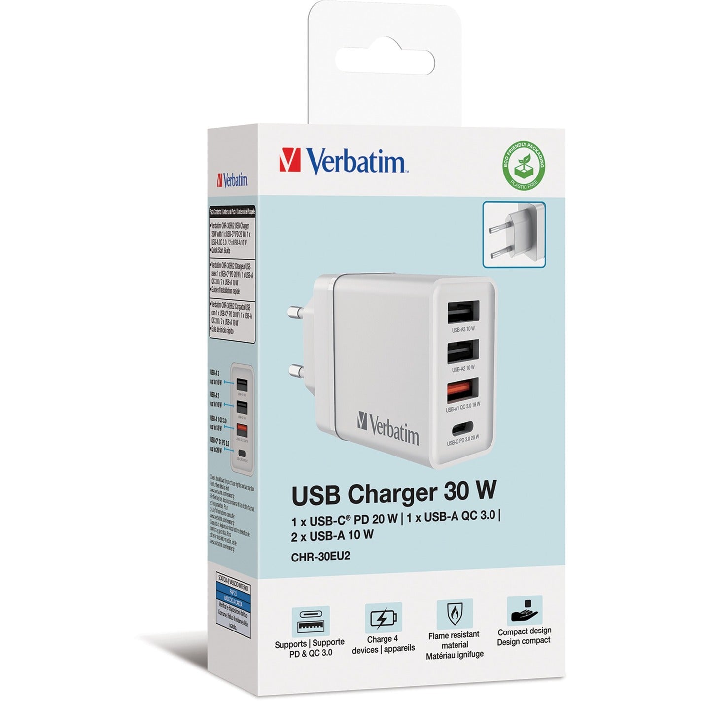 Verbatim Ladegerät 30W, 1x USB-C , 3x USB-A (weiss, PD 3.0, QC 3.0)