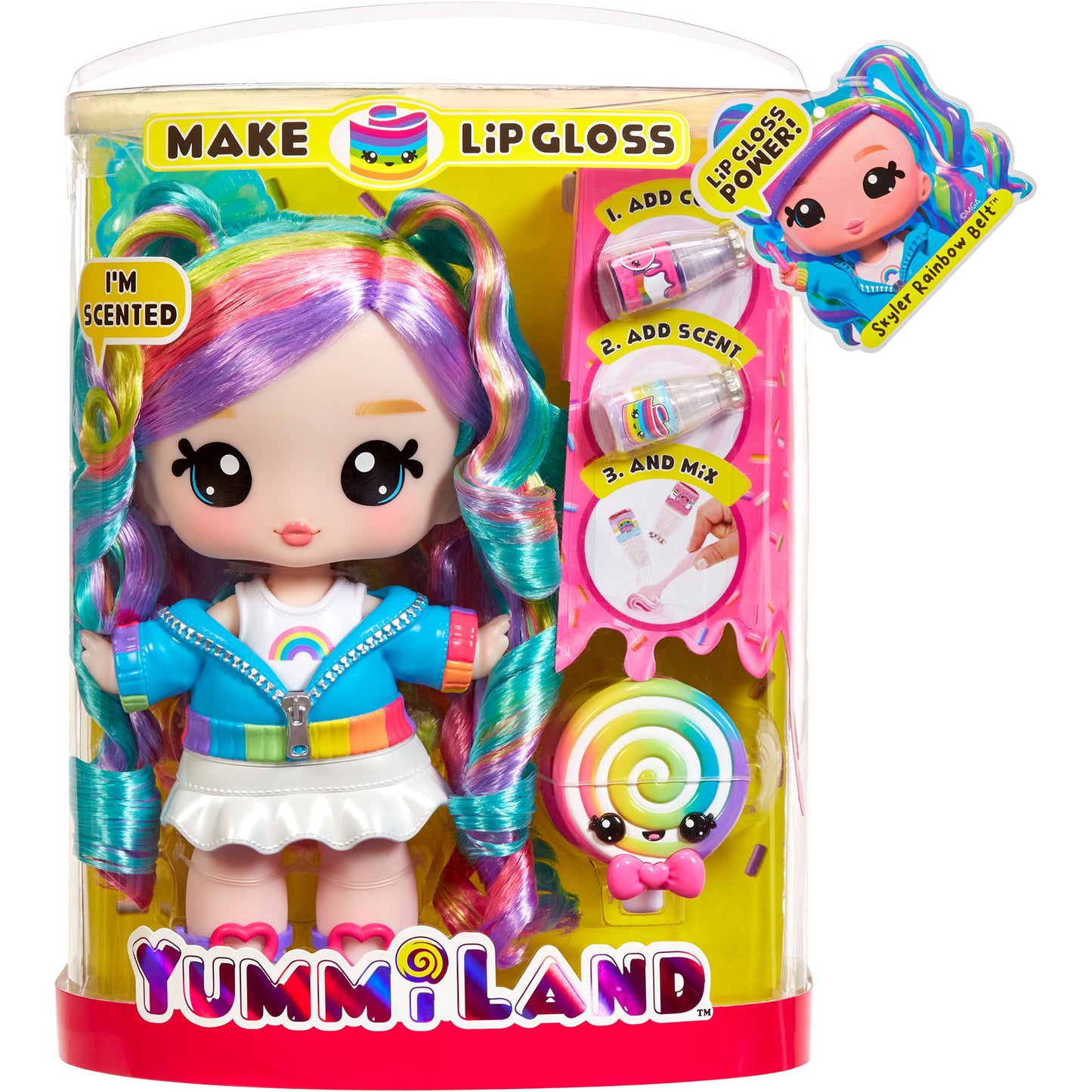 Yummiland Large Doll + Lip Gloss Pet - Skyler Rainbow Belt, Puppe