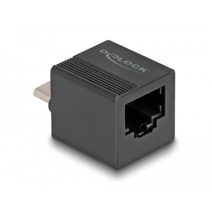 DeLOCK USB 3.2 Gen 1 Adapter mini, USB-C Stecker > RJ-45 Buchse (schwarz, 90° abgewinkelt, Gigabit LAN 10/100/1.000 Mbit/s)