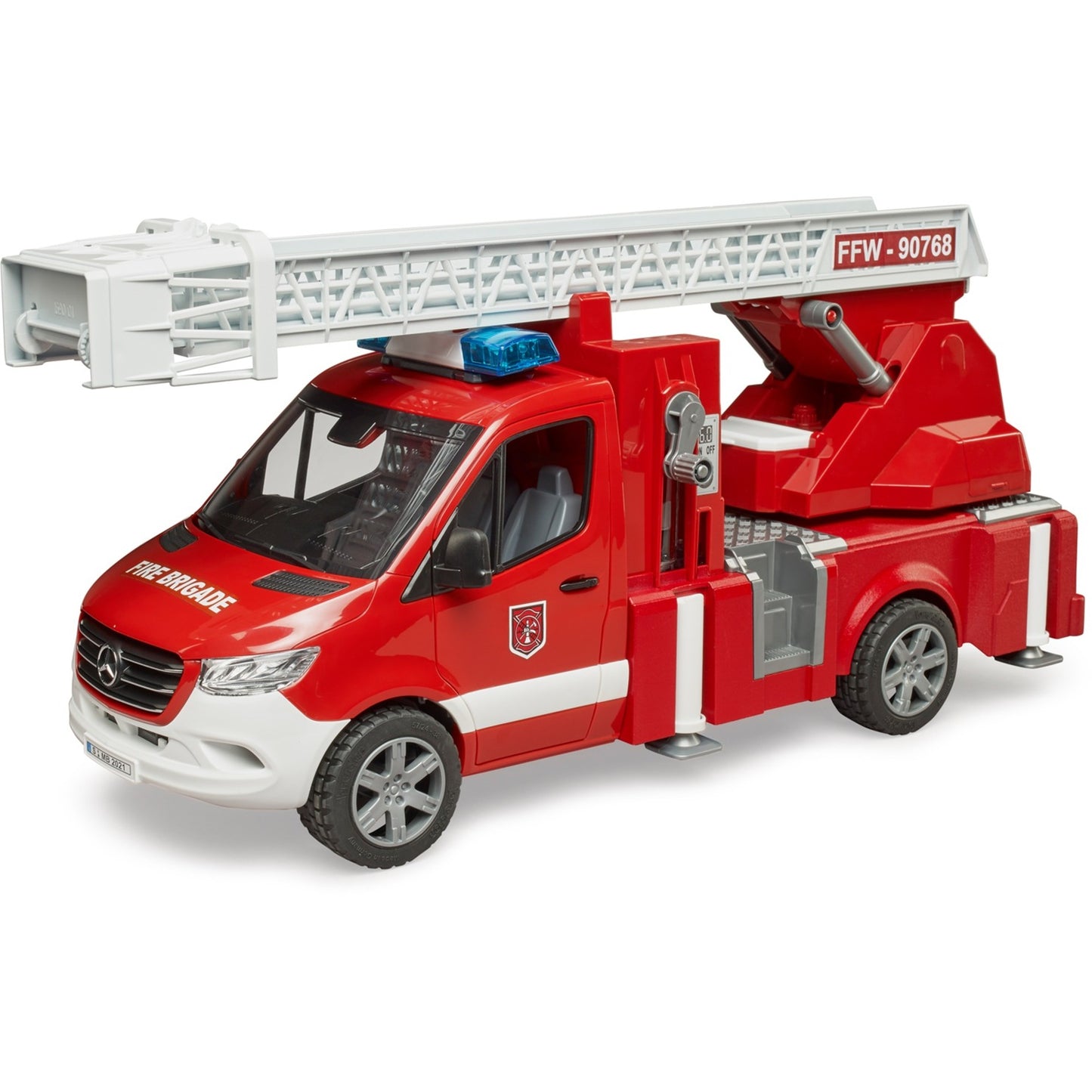 BRUDER MB Sprinter Feuerwehr mit Light & Sound Modul (rot/weiss, Drehleiter, Pumpe)