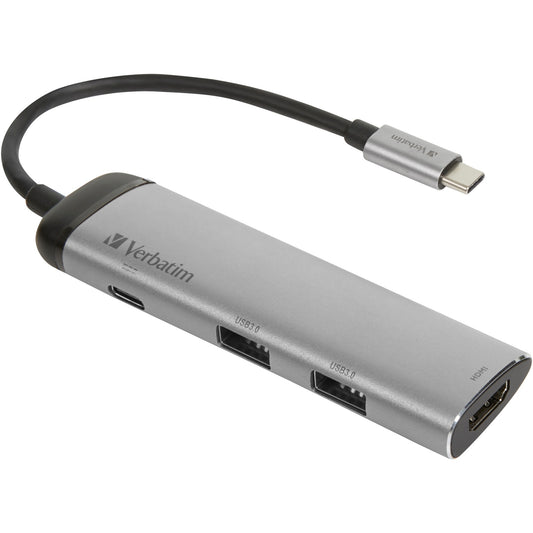 Verbatim USB 3.2 Gen 1 Multiport-Hub, USB-C Stecker > 2x USB-A + USB-C Buchse + HDMI-Buchse (silber/schwarz, PD, Laden mit bis zu 100 Watt)