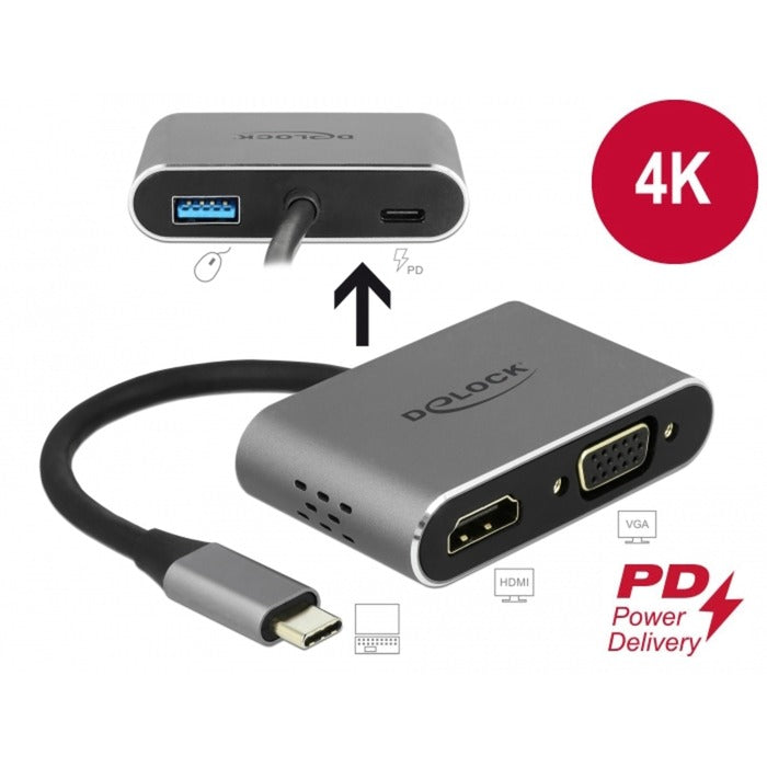 DeLOCK USB 3.2 Gen 1 Adapter, USB-C Stecker > USB-A + USB-C + HDMI + VGA Buchse (grau, 12cm, PD, Laden mit bis zu 87 Watt)