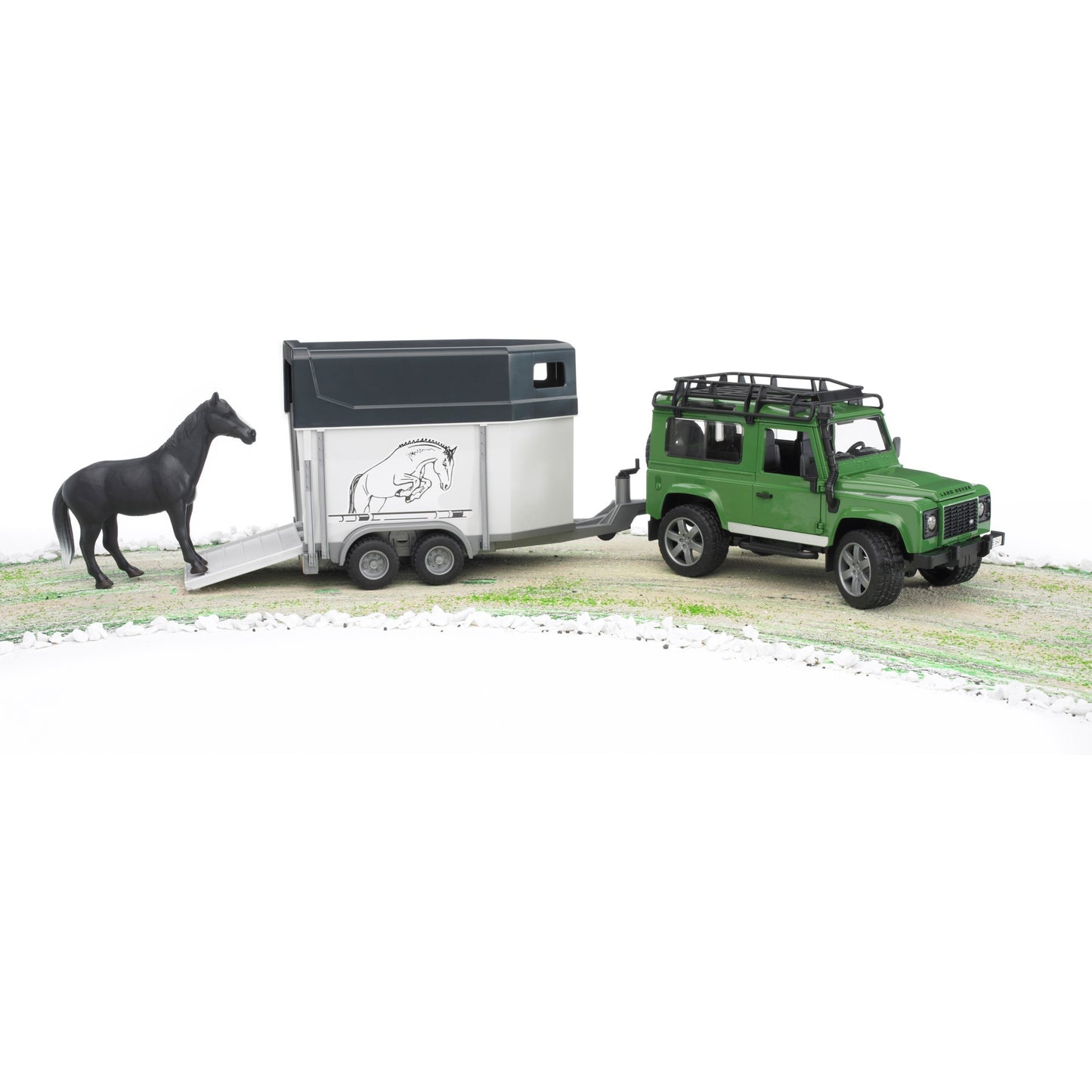 BRUDER Land Rover Defender mit Pferdeanhänger (mit einem Pferd)