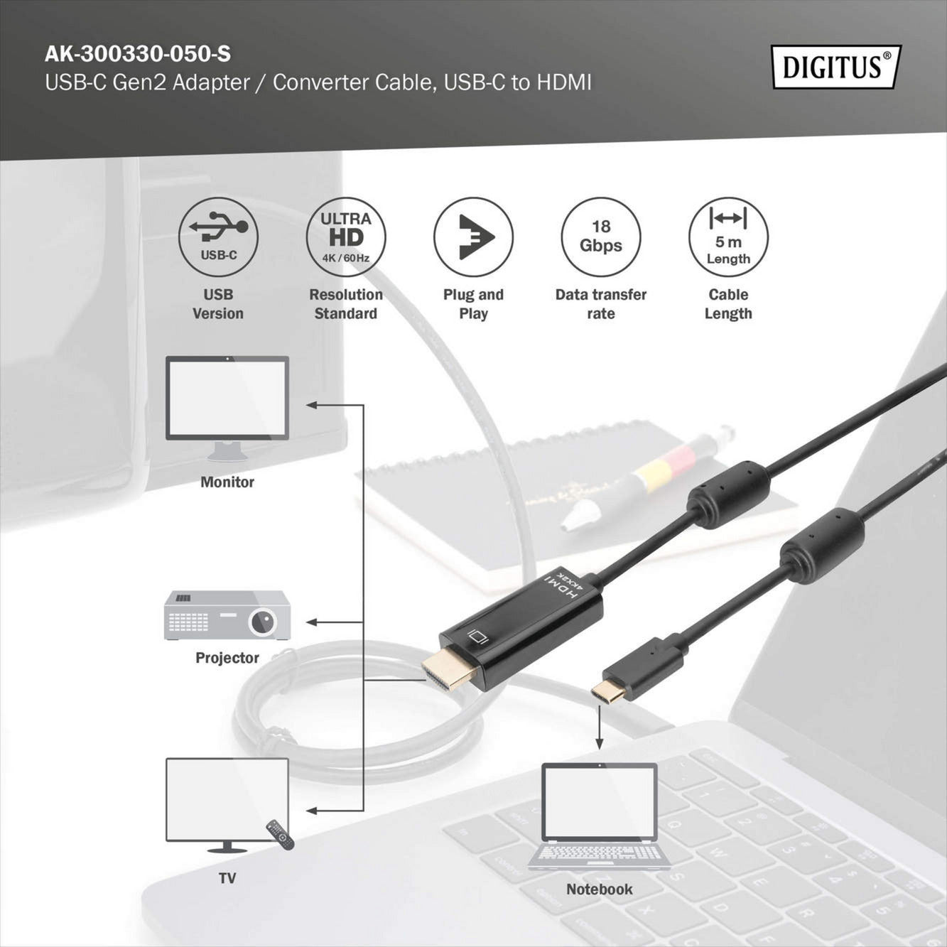 USB-C Adapterkabel USB-C > HDMI A, 4K @ 60HZ