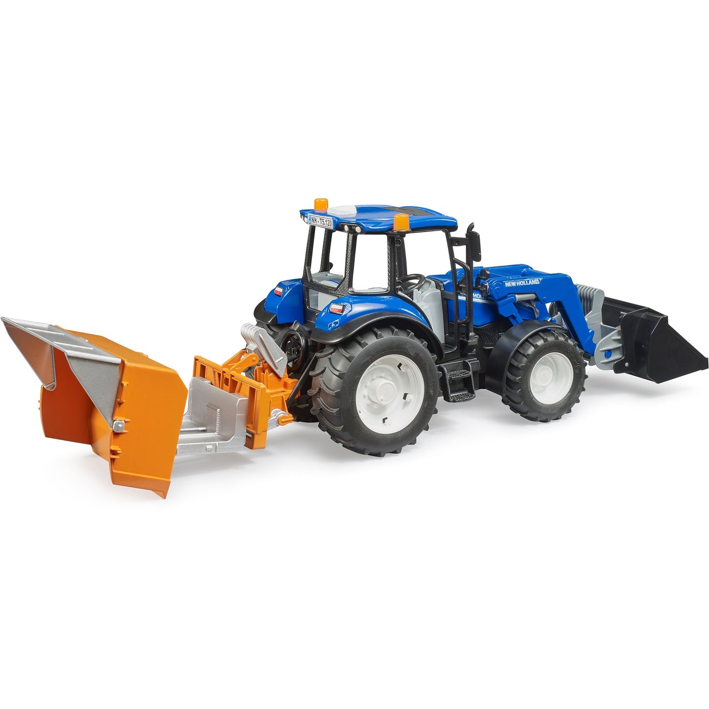 BRUDER New Holland T5.120 mit Frontlader, Ladekasten, Gabeln und Rundballen, Modellfahrzeug