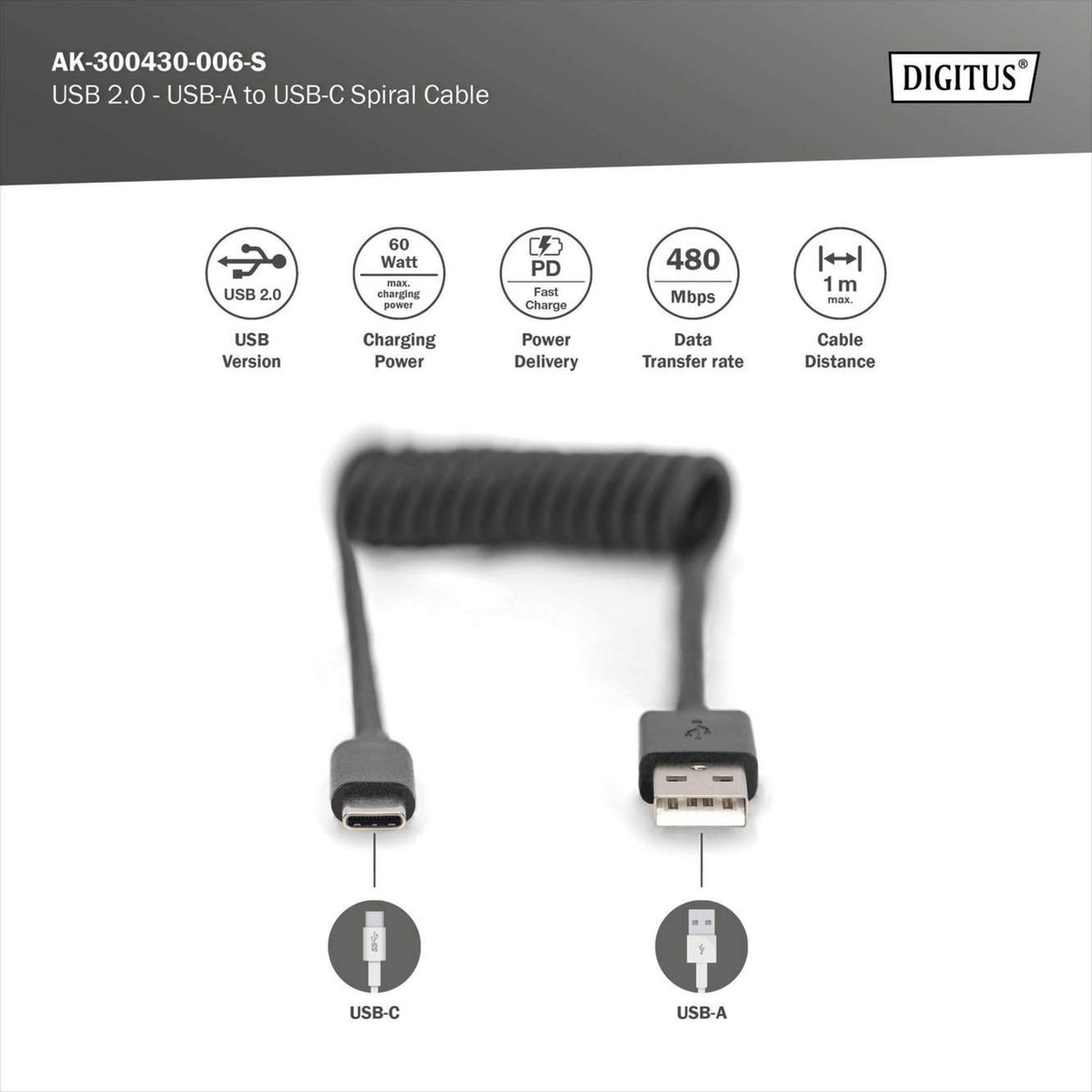 USB 2.0 Spiralkabel USB-A > USB-C