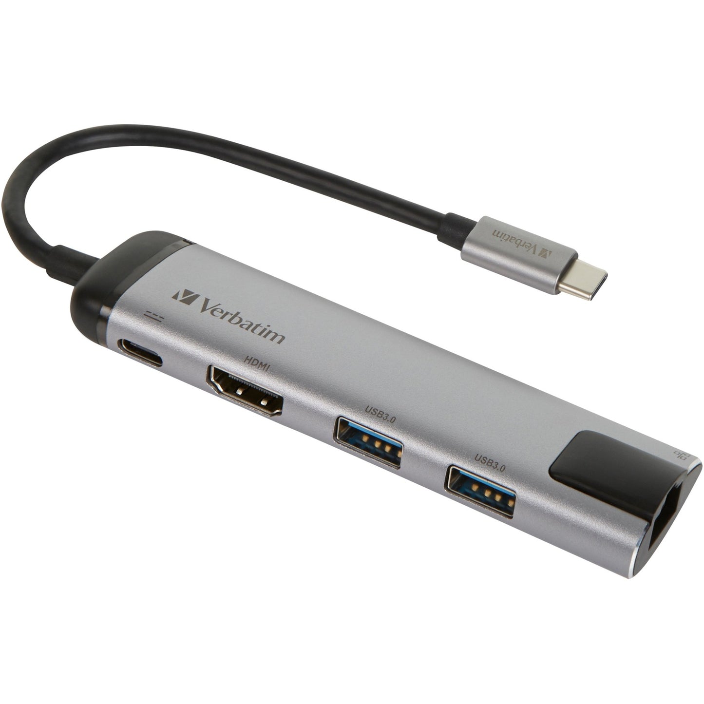 Verbatim USB 3.2 Gen 1 Multiport-Hub, USB-C Stecker > 2x USB-A + USB-C Buchse + HDMI-Buchse + RJ-45 Buchse (silber/schwarz, PD, Laden mit bis zu 100 Watt)