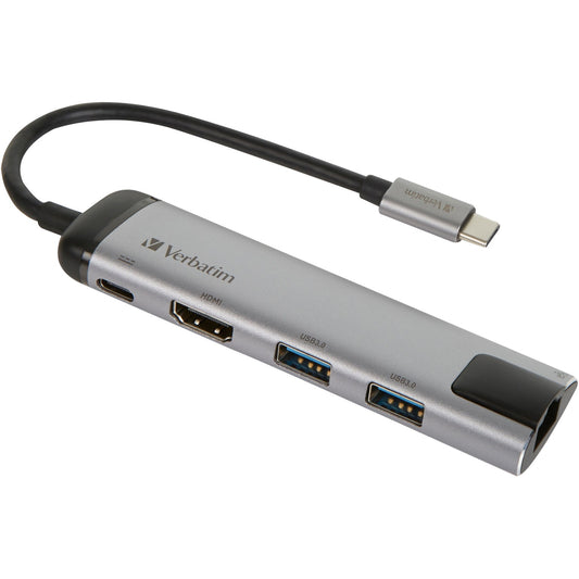 Verbatim USB 3.2 Gen 1 Multiport-Hub, USB-C Stecker > 2x USB-A + USB-C Buchse + HDMI-Buchse + RJ-45 Buchse (silber/schwarz, PD, Laden mit bis zu 100 Watt)