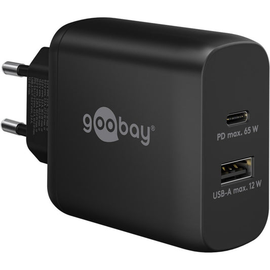 Goobay USB-C Dual-Schnellladegerät, PD, GaN, 65 Watt (schwarz, 1x USB-C, 1x USB-A, Power Delivery)