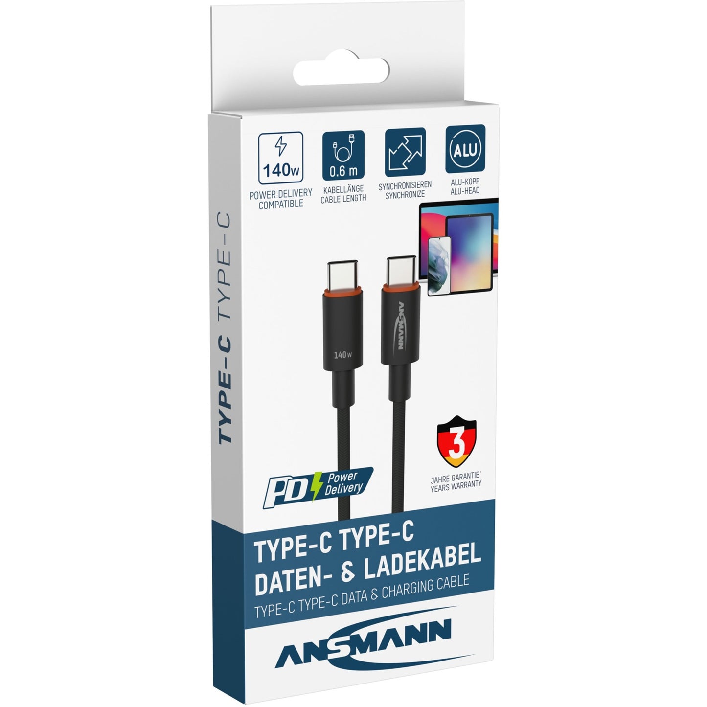 Ansmann USB 2.0 Kabel, USB-C Stecker > USB-C Stecker (anthrazit, 60cm, PD 3.1, Laden mit bis zu 140 Watt, gesleevt)