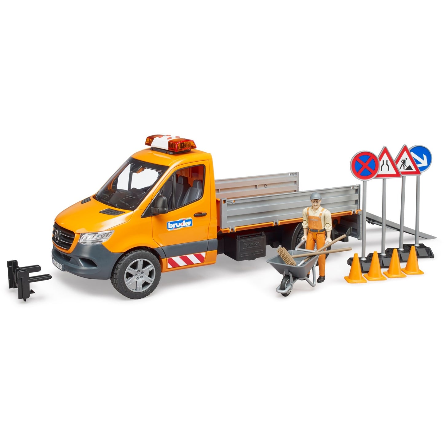 BRUDER MB Sprinter Kommunal mit Light & Sound Modul (orange, Inkl. Fahrer und Zubehör)