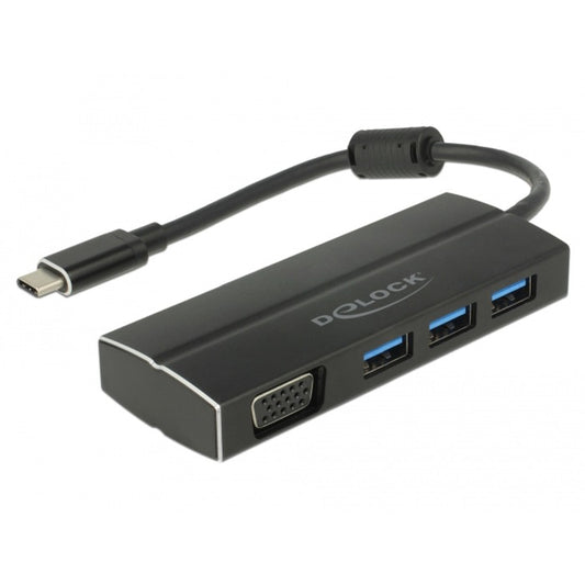 DeLOCK USB 3.2 Gen 1 Multiport-Hub, USB-C Stecker > 3x USB-A + VGA Buchse (schwarz, 15cm)