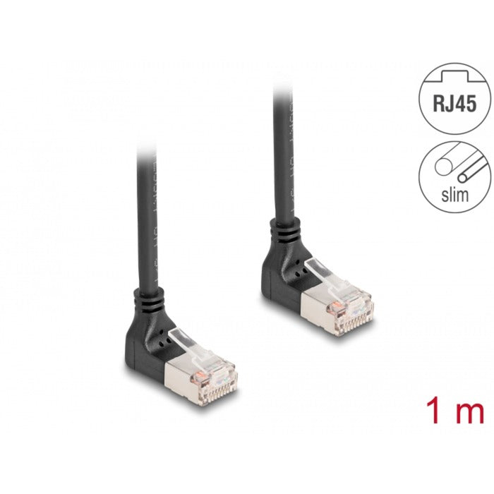 DeLOCK Patchkabel RJ-45 Cat.6a S/FTP, Slim 90° gewinkelt (schwarz, 1 Meter, nach unten abgewinkelte Stecker)