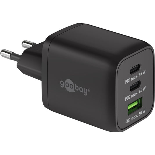 Goobay USB-C Schnellladegerät Nano, PD, GaN, 65 Watt (schwarz, 1x USB-A, 2x USB-C PD, Charge 3.0)