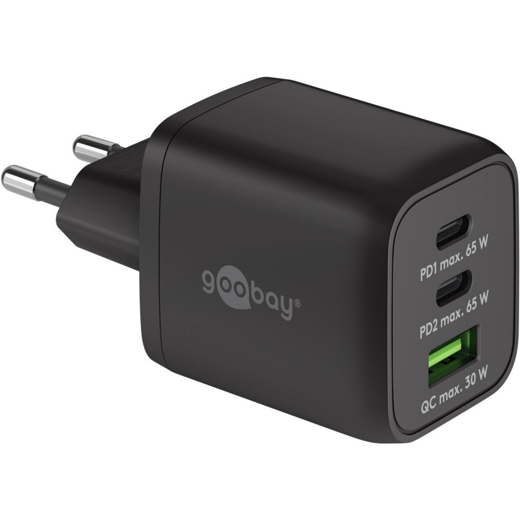 Goobay USB-C Schnellladegerät Nano, PD, GaN, 65 Watt, USB-C Textilkabel (schwarz, 1x USB-A, 2x USB-C PD, Quick Charge 3.0, 1 Meter Kabel)